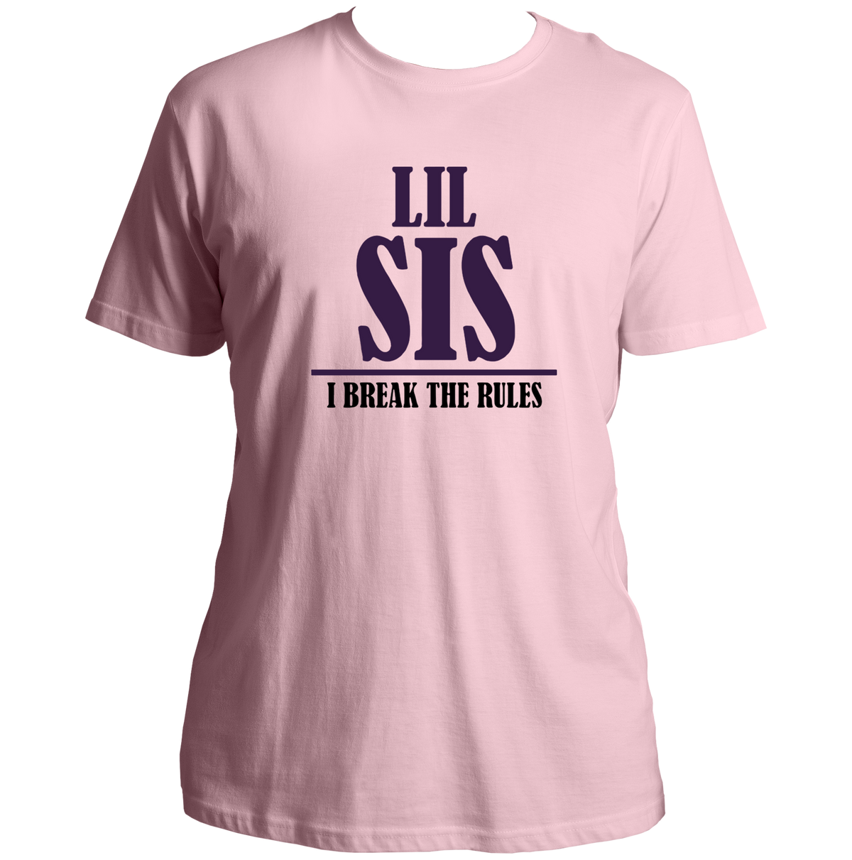 Baby Pink Lil Sis I Break The Rules Unisex T-Shirt by Garrari with purple and black younger sister typography print
