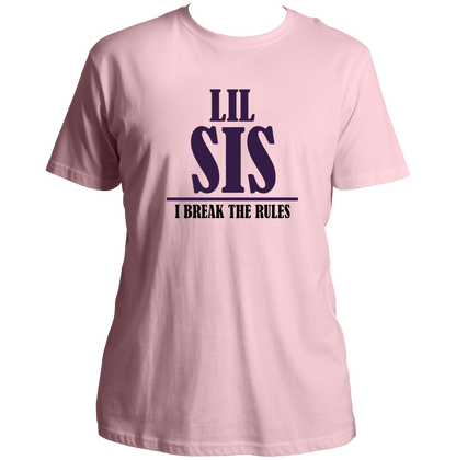 Baby Pink Lil Sis I Break The Rules Unisex T-Shirt by Garrari with purple and black younger sister typography print
