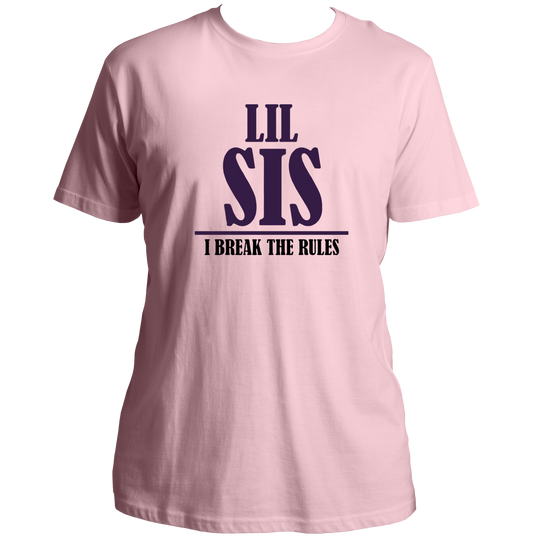 Baby Pink Lil Sis I Break The Rules Unisex T-Shirt by Garrari with purple and black younger sister typography print