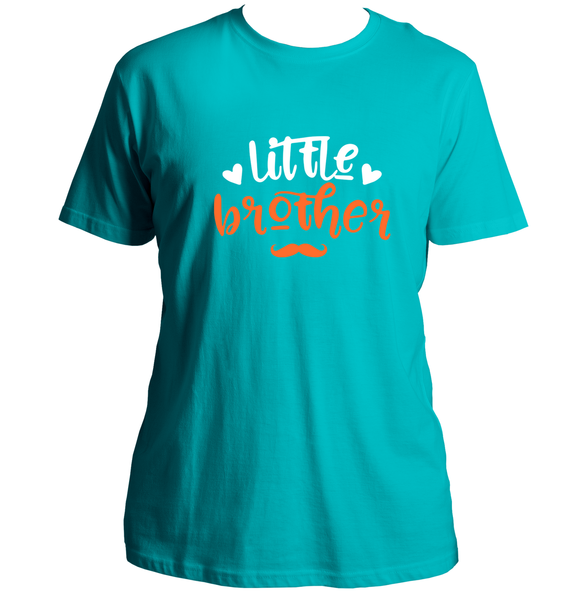 Aqua Blue Little Brother Unisex T-Shirt by Garrari with white and orange younger brother typography and moustache graphic