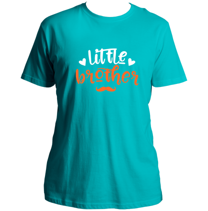 Aqua Blue Little Brother Unisex T-Shirt by Garrari with white and orange younger brother typography and moustache graphic