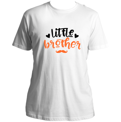 White Little Brother Unisex T-Shirt by Garrari with orange and black Little Brother typography and moustache graphic