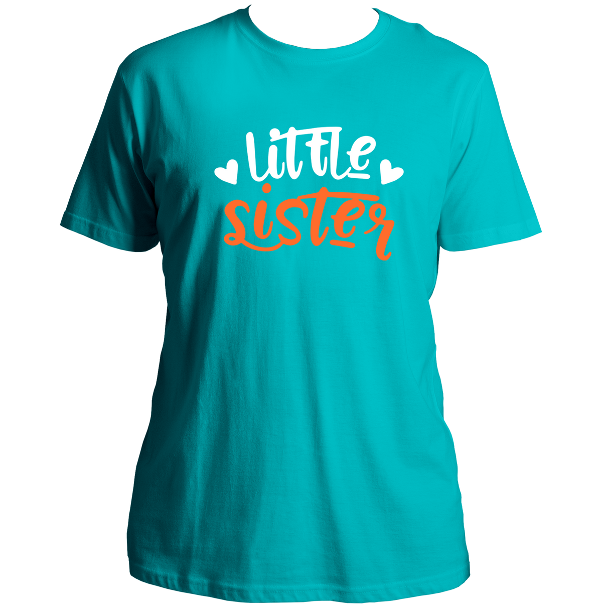 Aqua Blue Little Sister Unisex T-Shirt by Garrari with white and orange Little Sister typography and heart details