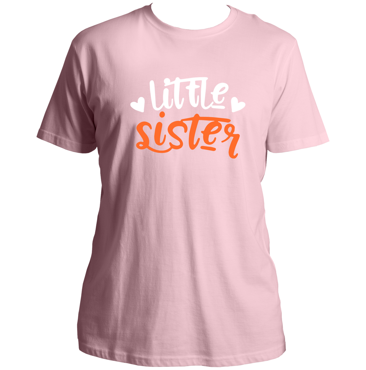 Baby Pink Little Sister Unisex T-Shirt by Garrari with white and orange younger sister typography and heart graphic