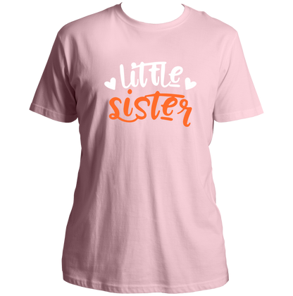 Baby Pink Little Sister Unisex T-Shirt by Garrari with white and orange younger sister typography and heart graphic