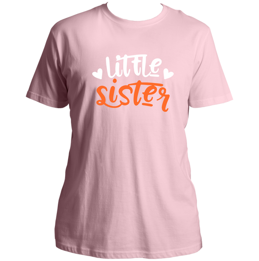 Baby Pink Little Sister Unisex T-Shirt by Garrari with white and orange younger sister typography and heart graphic