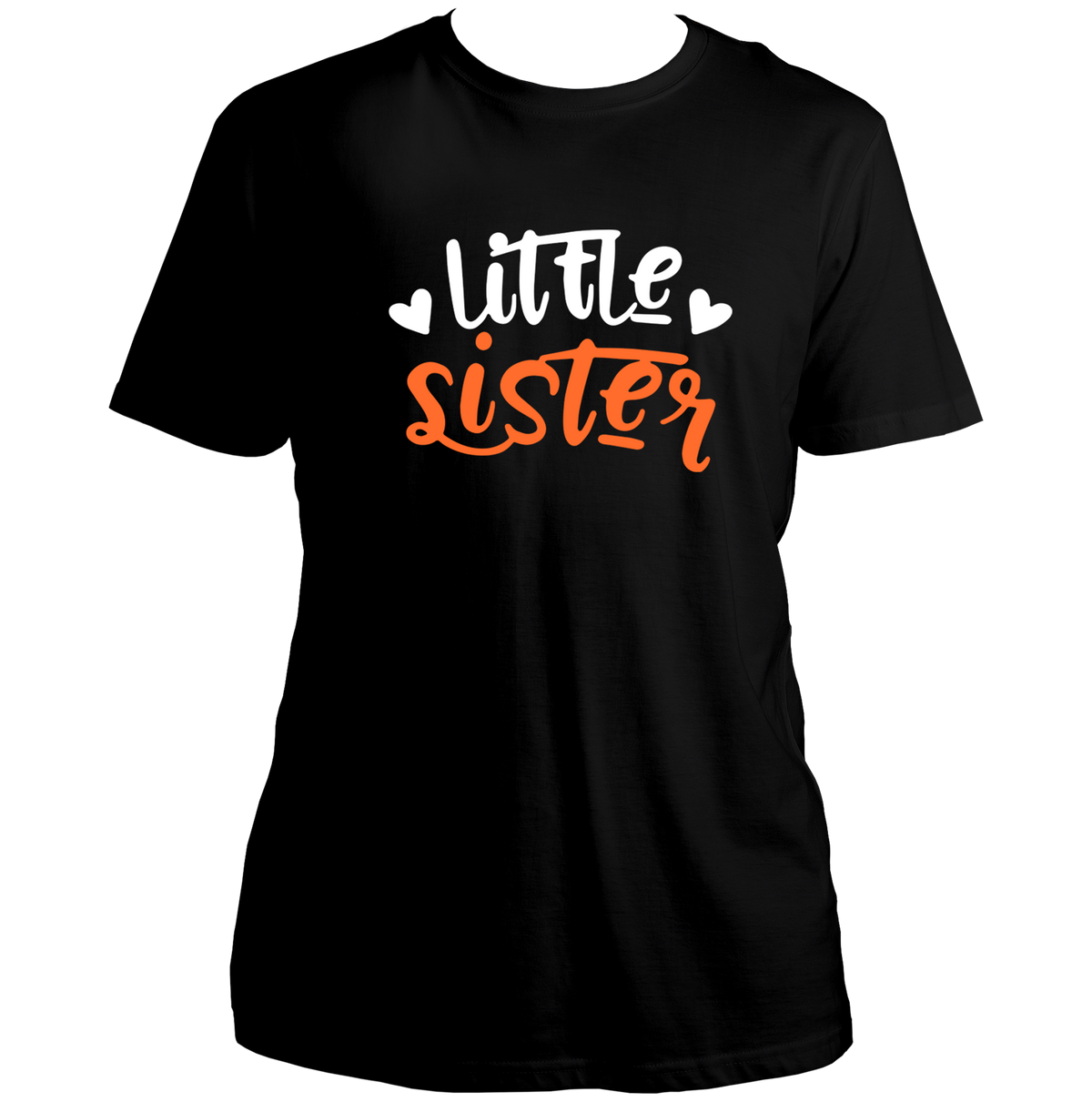 Black Little Sister Unisex T-Shirt by Garrari with contrast younger sister typography and heart graphic
