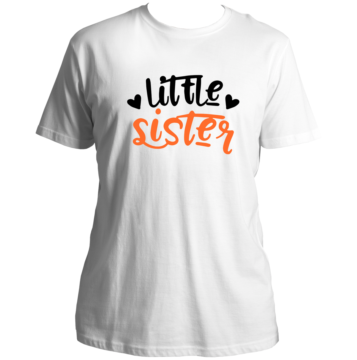 White Little Sister Unisex T-Shirt by Garrari with orange and black younger sister typography graphic