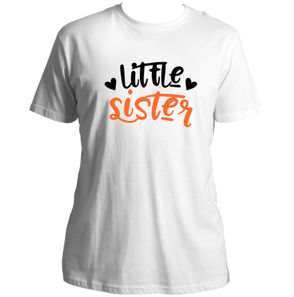 White Little Sister Unisex T-Shirt by Garrari with orange and black younger sister typography graphic