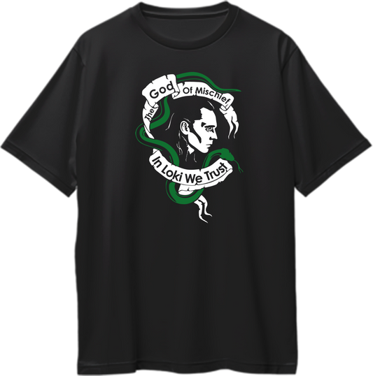 Oversized unisex t-shirt with 'God Of Mischief' graphic.