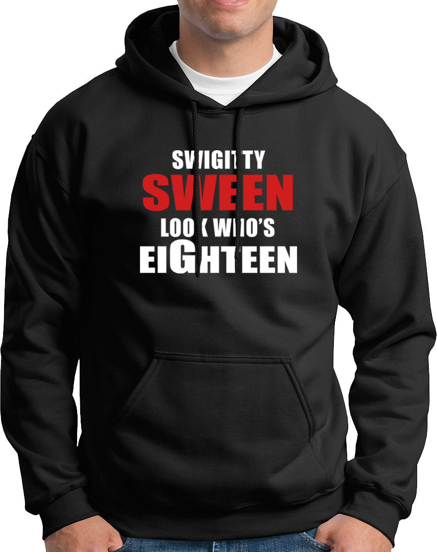 Black Look Who's Eighteen Unisex Hoodie by Garrari with red and white 18th birthday graphic