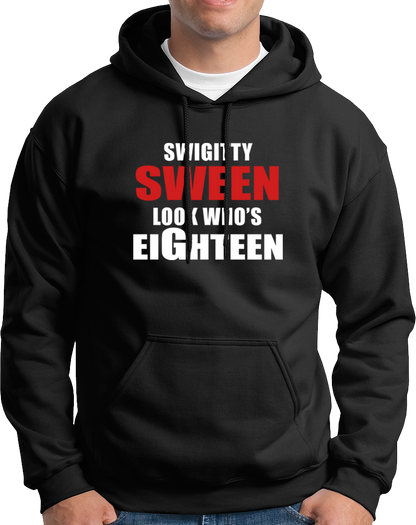 Black Look Who's Eighteen Unisex Hoodie by Garrari with red and white 18th birthday graphic