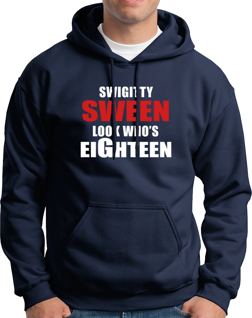 Navy Blue Look Who's Eighteen Unisex Hoodie by Garrari with bold turning eighteen birthday print