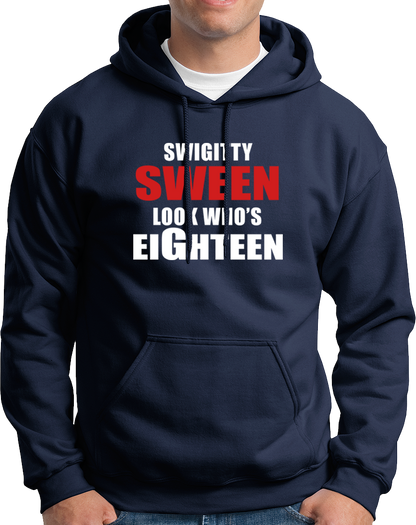 Navy Blue Look Who's Eighteen Unisex Hoodie by Garrari with bold turning eighteen birthday print