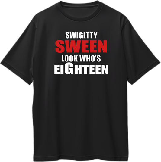 Black Look Who's Eighteen Oversized T-Shirt by Garrari with red and white 18th birthday statement graphic