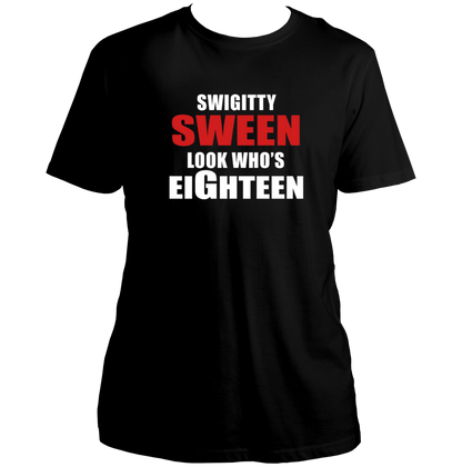 Black Look Who's Eighteen Unisex T-Shirt by Garrari for milestone 18th birthday party