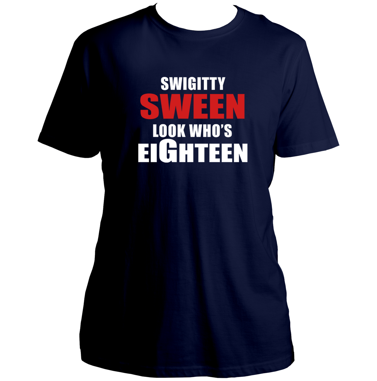 Navy Blue Look Who's Eighteen Unisex T-Shirt by Garrari with red and white 18th birthday graphic