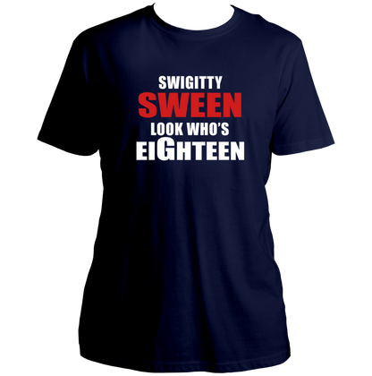 Navy Blue Look Who's Eighteen Unisex T-Shirt by Garrari with red and white 18th birthday graphic