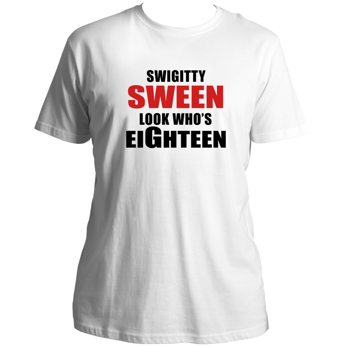 White Look Who's Eighteen Unisex T-Shirt by Garrari with bold eighteenth birthday statement print