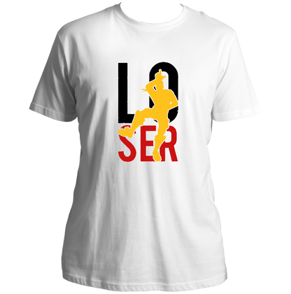 White Loser Unisex T-Shirt with playful gaming loser graphic by Garrari