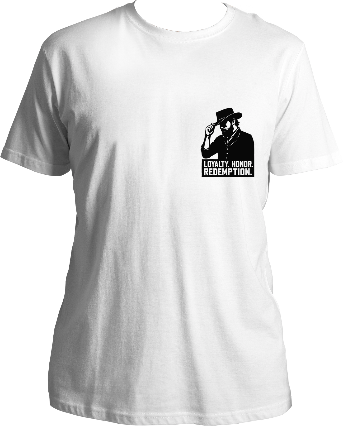 cotton t-shirt with minimal black artwork of Arthur Morgan tipping his hat and text “Loyalty. Honor. Redemption.” inspired by RDR2 – Garrari Brand.