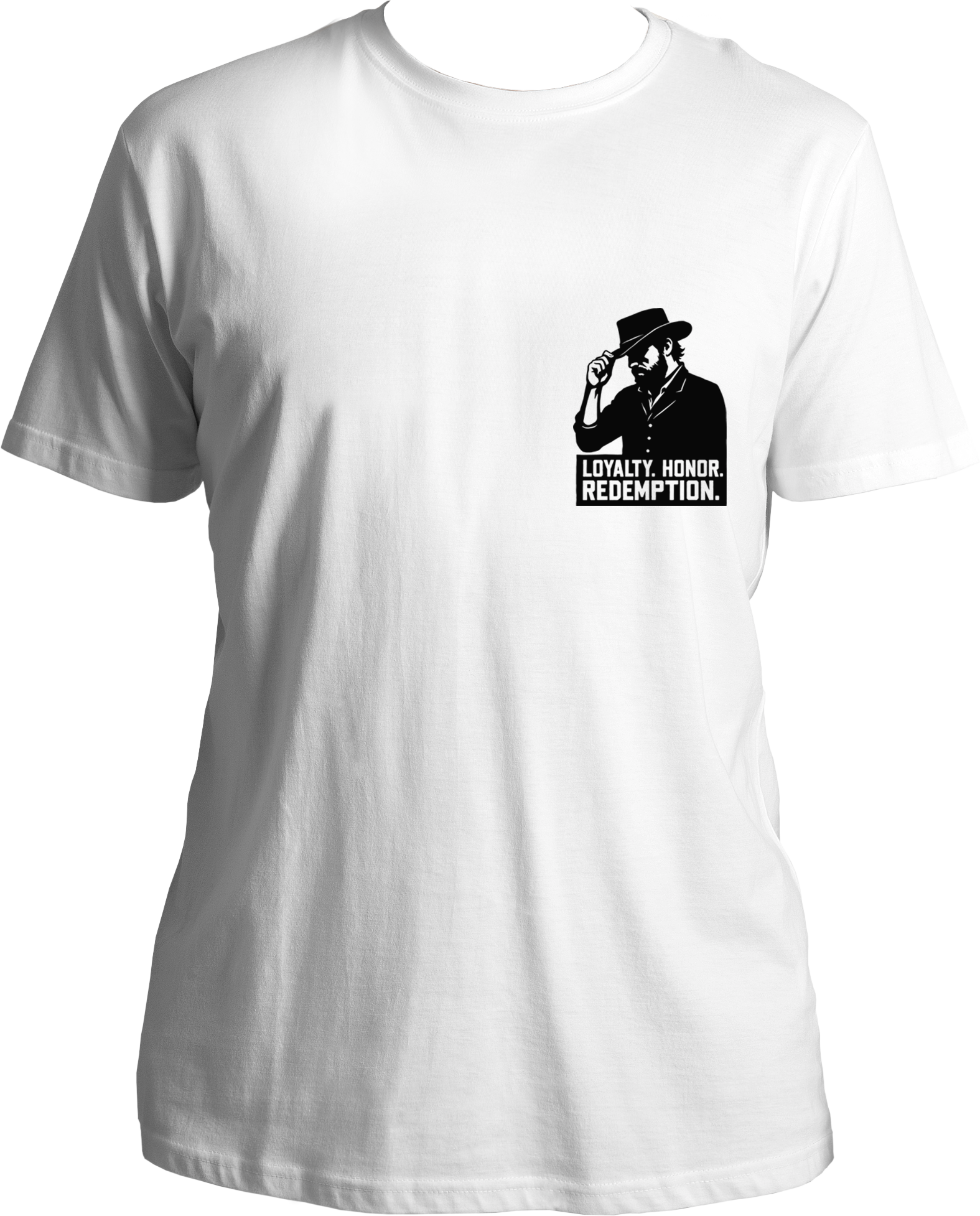 cotton t-shirt with minimal black artwork of Arthur Morgan tipping his hat and text “Loyalty. Honor. Redemption.” inspired by RDR2 – Garrari Brand.