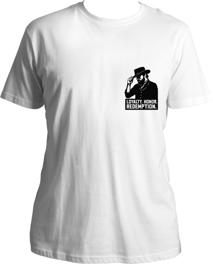 cotton t-shirt with minimal black artwork of Arthur Morgan tipping his hat and text “Loyalty. Honor. Redemption.” inspired by RDR2 – Garrari Brand.