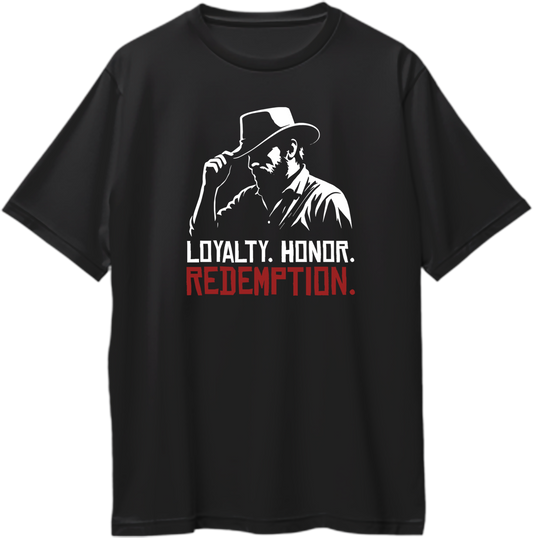 Black oversized t-shirt featuring Arthur Morgan silhouette and bold text “Loyalty. Honor. Redemption.” in white and red print – Garrari Brand.