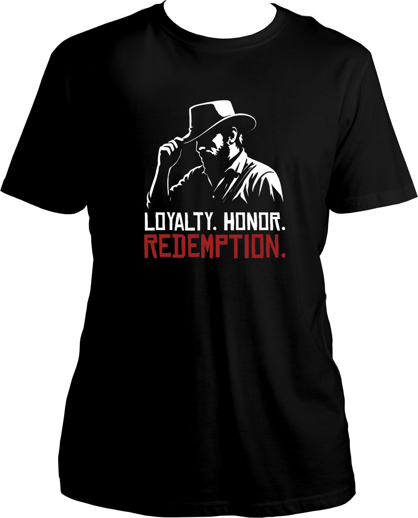 Black t-shirt featuring Arthur Morgan silhouette and the quote “Loyalty. Honor. Redemption.” in red and white print – Garrari Brand.