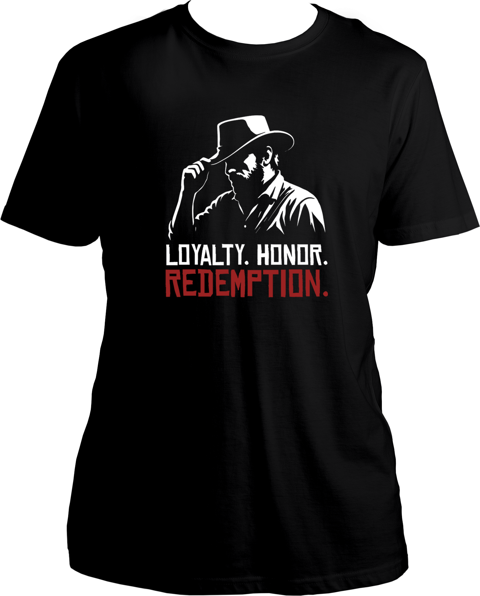 Black t-shirt featuring Arthur Morgan silhouette and the quote “Loyalty. Honor. Redemption.” in red and white print – Garrari Brand.