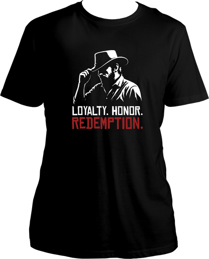 Black t-shirt featuring Arthur Morgan silhouette and the quote “Loyalty. Honor. Redemption.” in red and white print – Garrari Brand.
