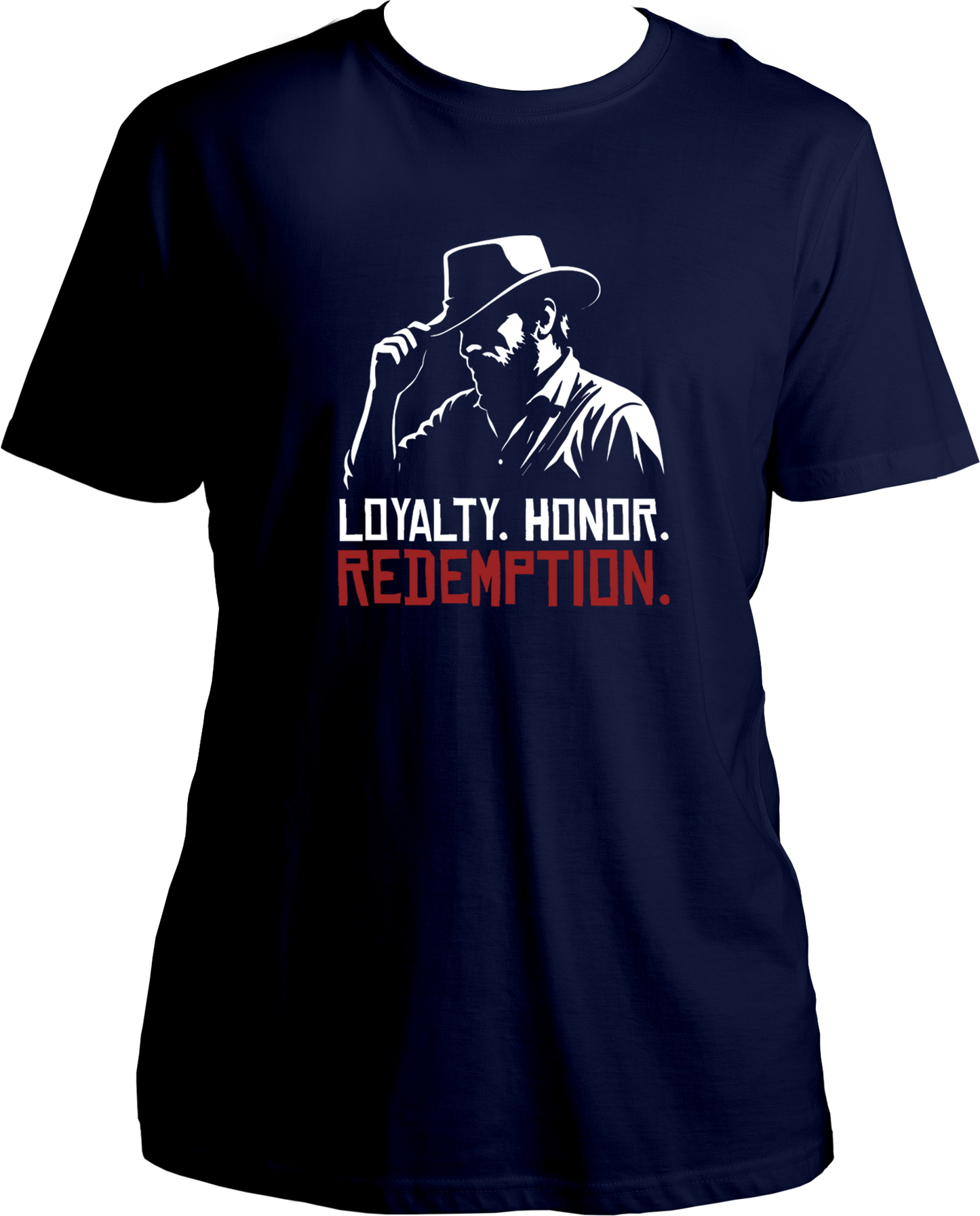 Navy Blue t-shirt featuring Arthur Morgan silhouette and the quote “Loyalty. Honor. Redemption.” in red and white print – Garrari Brand.