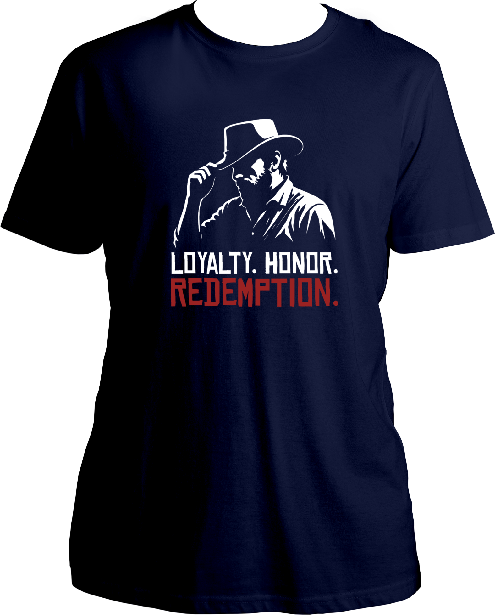 Navy Blue t-shirt featuring Arthur Morgan silhouette and the quote “Loyalty. Honor. Redemption.” in red and white print – Garrari Brand.