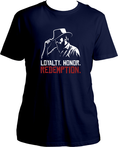 Navy Blue t-shirt featuring Arthur Morgan silhouette and the quote “Loyalty. Honor. Redemption.” in red and white print – Garrari Brand.