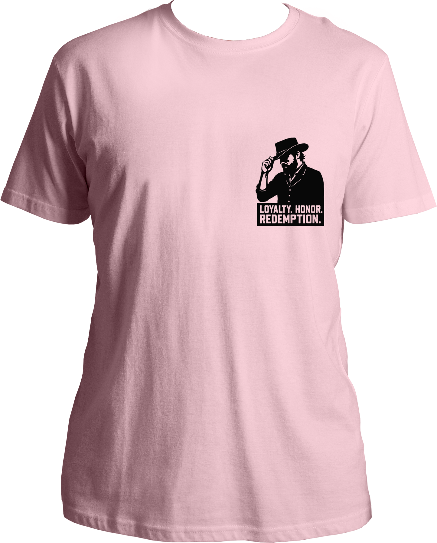cotton t-shirt with minimal black artwork of Arthur Morgan tipping his hat and text “Loyalty. Honor. Redemption.” inspired by RDR2 – Garrari Brand.