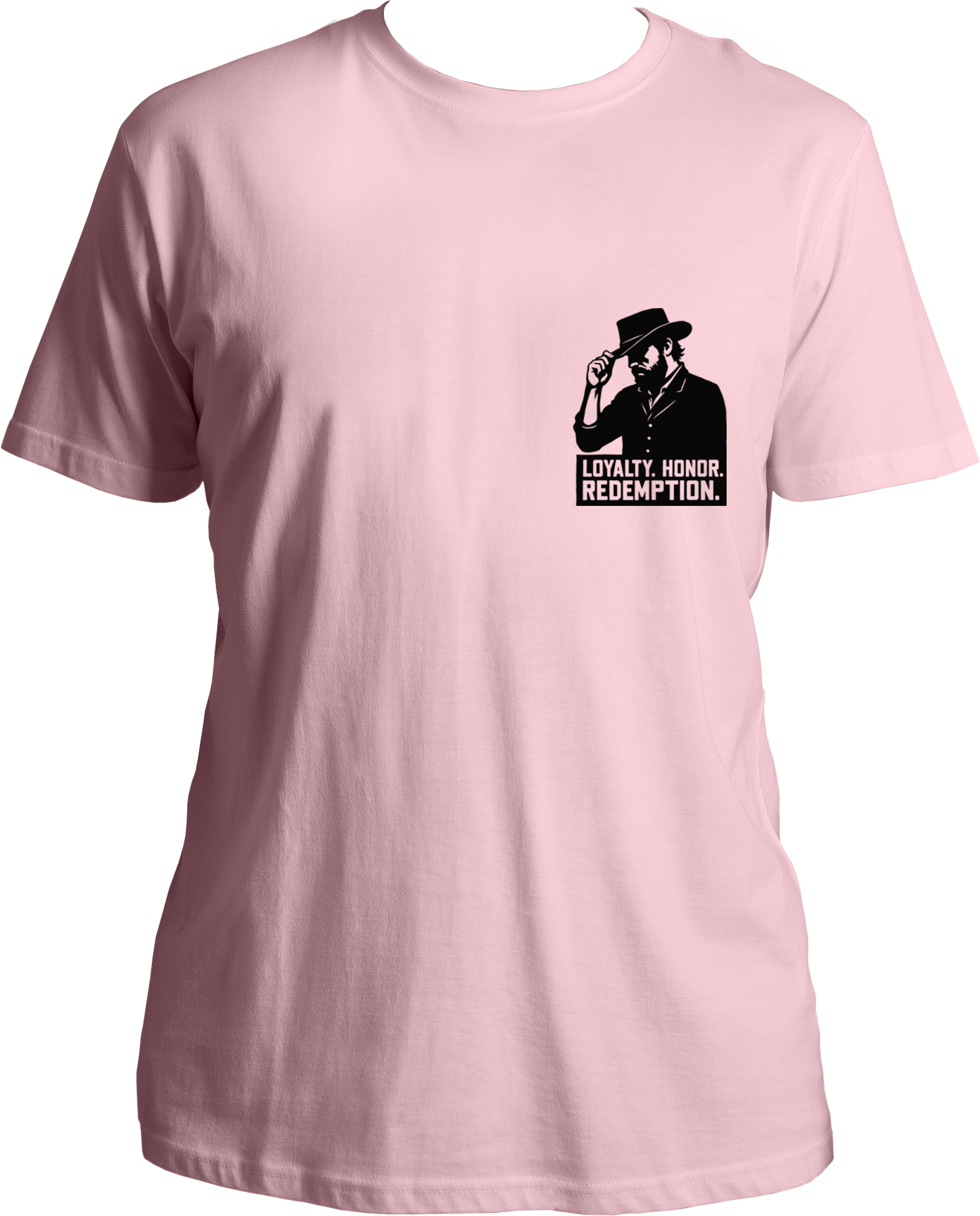 cotton t-shirt with minimal black artwork of Arthur Morgan tipping his hat and text “Loyalty. Honor. Redemption.” inspired by RDR2 – Garrari Brand.