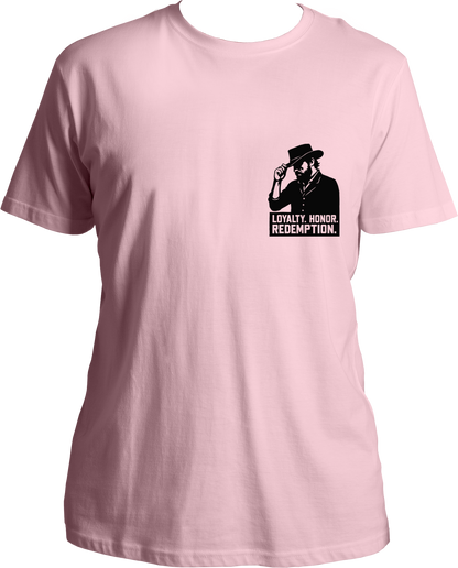 cotton t-shirt with minimal black artwork of Arthur Morgan tipping his hat and text “Loyalty. Honor. Redemption.” inspired by RDR2 – Garrari Brand.