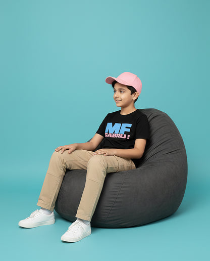 Kid wearing MF Gabru Karan Aujla black T-Shirt with blue and pink print – Garrari Kids Tee