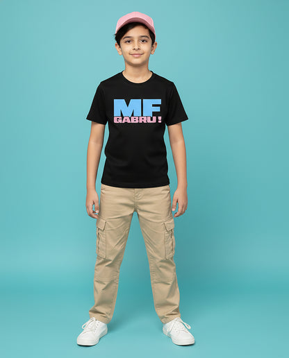 Kid wearing MF Gabru Karan Aujla black T-Shirt with blue and pink print – Garrari Kids Tee