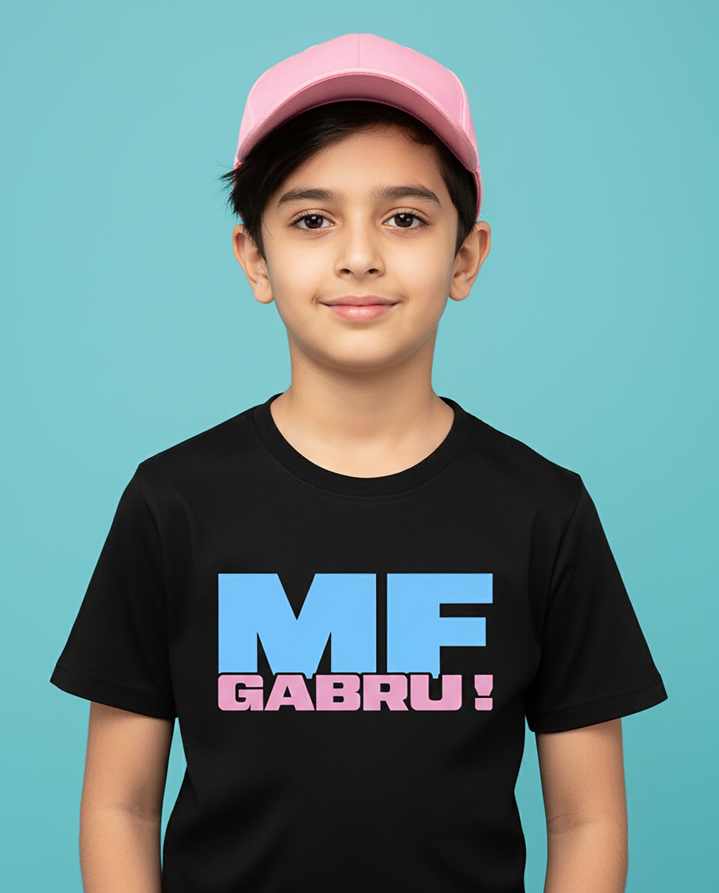 Kid wearing MF Gabru Karan Aujla black T-Shirt with blue and pink print – Garrari Kids Tee