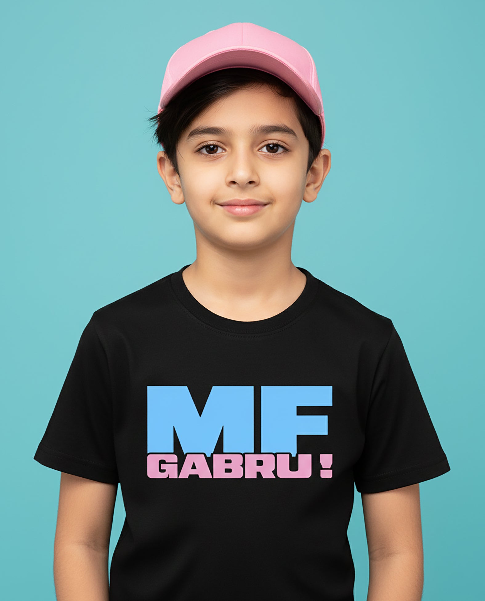 Kid wearing MF Gabru Karan Aujla black T-Shirt with blue and pink print – Garrari Kids Tee
