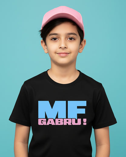 Kid wearing MF Gabru Karan Aujla black T-Shirt with blue and pink print – Garrari Kids Tee
