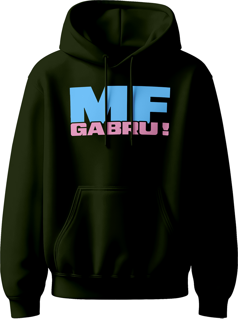 unisex hoodie with bold sky-blue ‘MF’ and pink ‘GABRU!’ typography inspired by Karan Aujla.