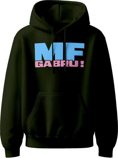 unisex hoodie with bold sky-blue ‘MF’ and pink ‘GABRU!’ typography inspired by Karan Aujla.