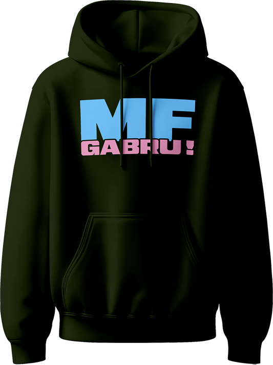 unisex hoodie with bold sky-blue ‘MF’ and pink ‘GABRU!’ typography inspired by Karan Aujla.