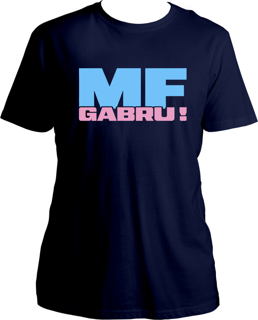 regular-fit T-shirt with bold sky-blue ‘MF’ and pink ‘Gabru!’ typography inspired by Karan Aujla.
