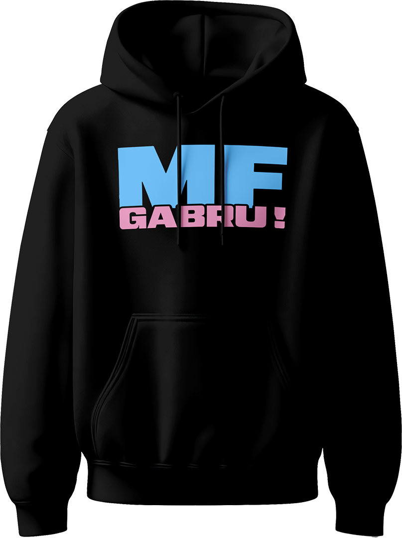 unisex hoodie with bold sky-blue ‘MF’ and pink ‘GABRU!’ typography inspired by Karan Aujla.