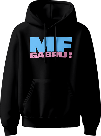 unisex hoodie with bold sky-blue ‘MF’ and pink ‘GABRU!’ typography inspired by Karan Aujla.