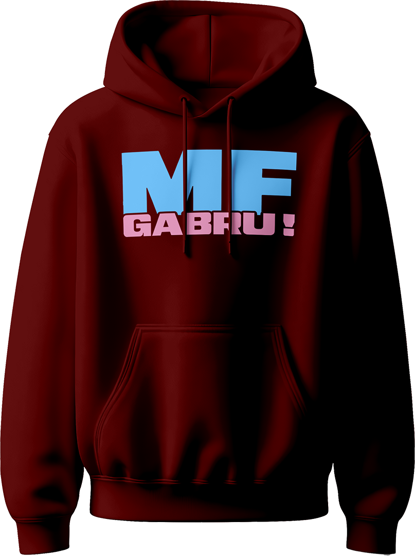 unisex hoodie with bold sky-blue ‘MF’ and pink ‘GABRU!’ typography inspired by Karan Aujla.