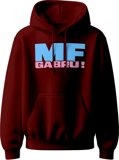 unisex hoodie with bold sky-blue ‘MF’ and pink ‘GABRU!’ typography inspired by Karan Aujla.